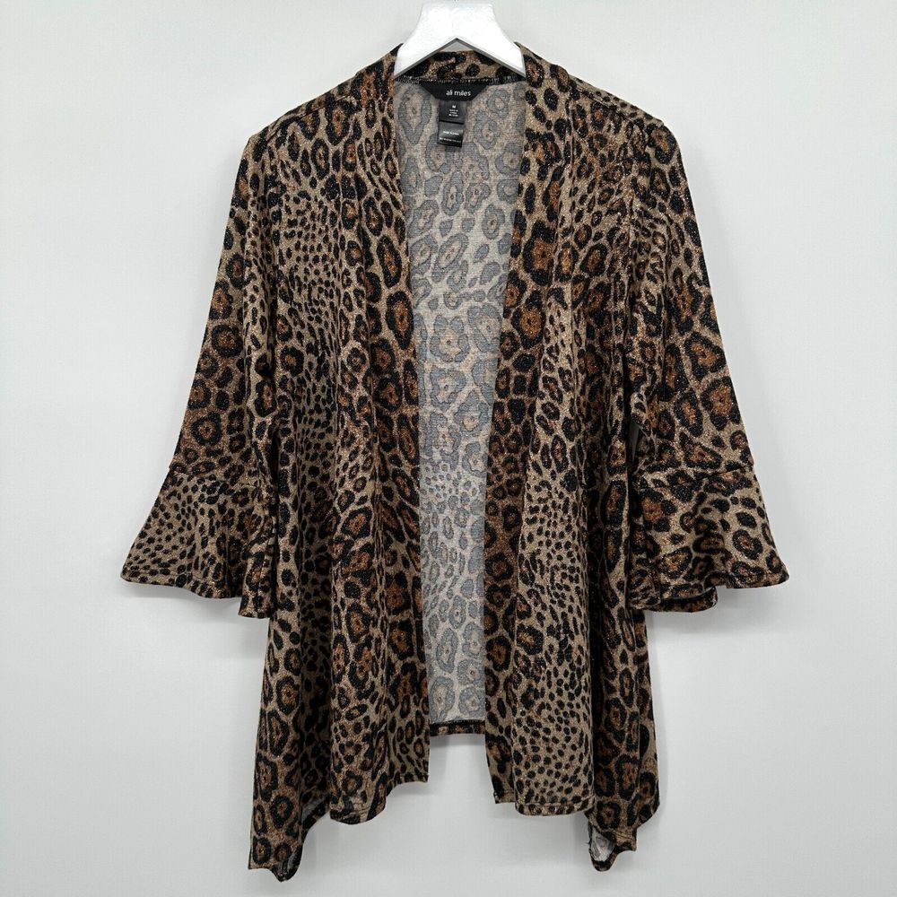 Ali Miles Jacket Cardigan Top‎ Medium Stretch Cheetah Sparkly 3/4 Bell Sleeve